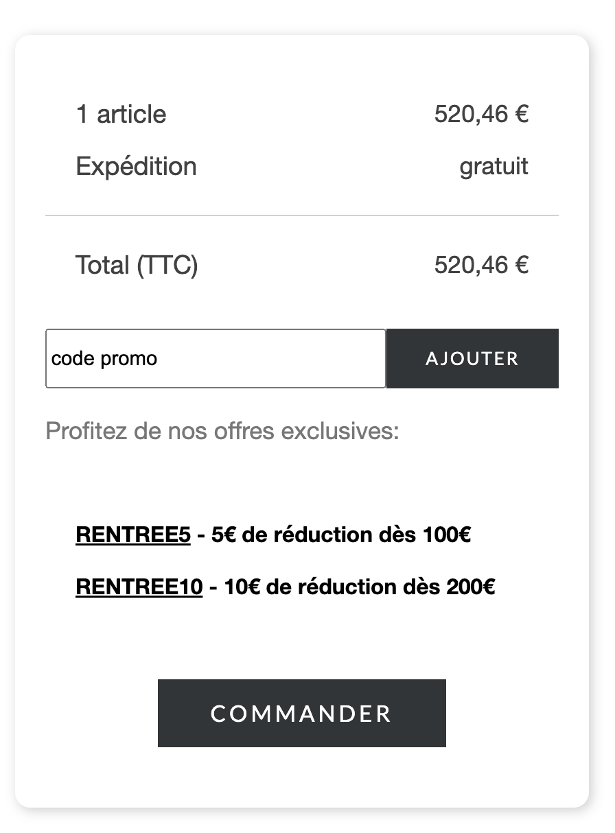 Capture d'écran du panier avec code promo appliqué